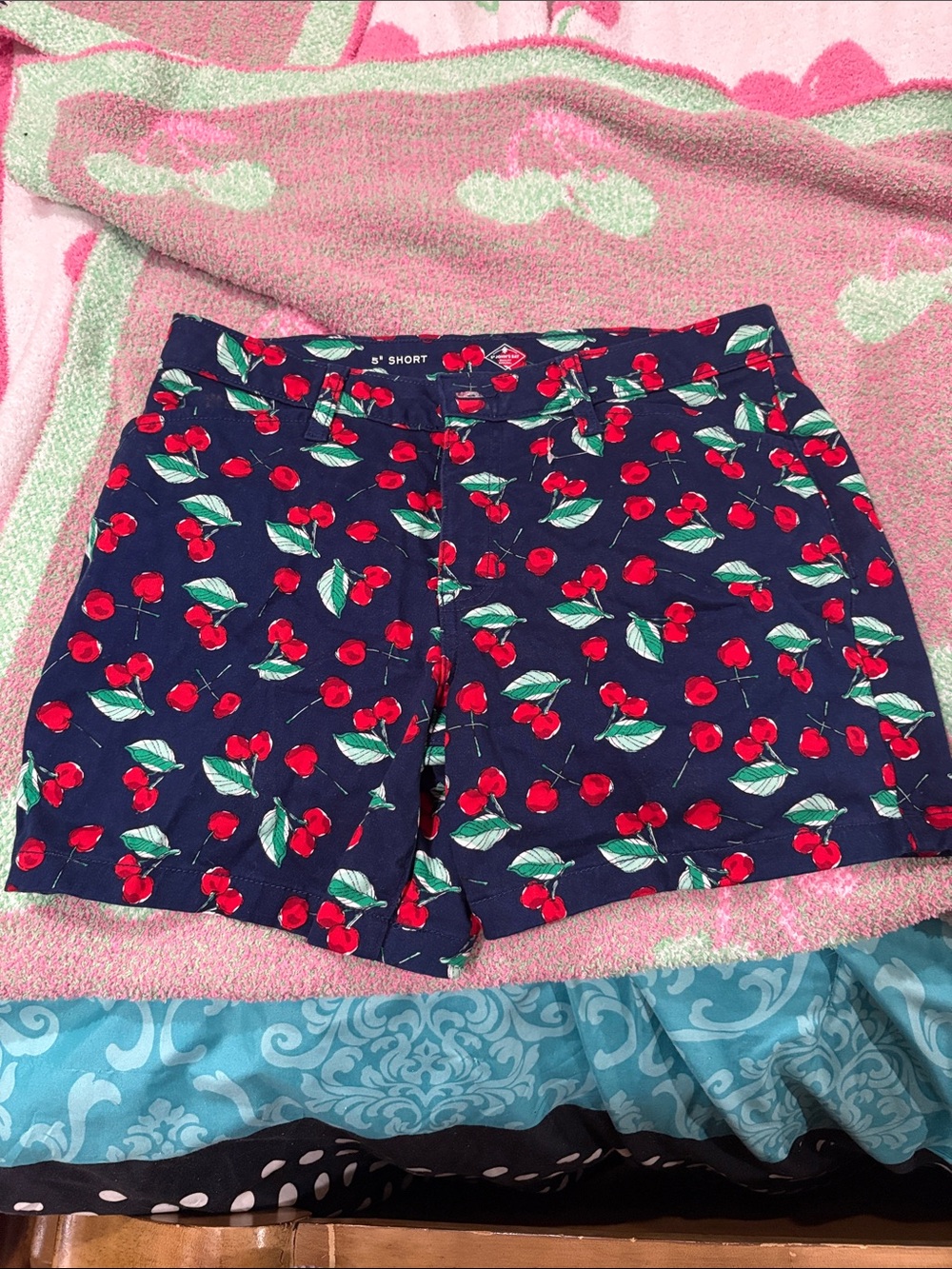 St. John’s bay navy shorts with red cherries 5 in inseam NWOT